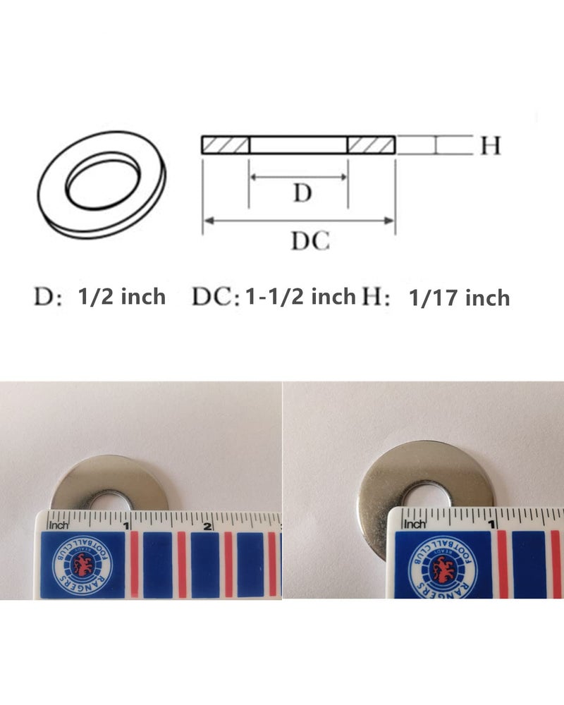 SHKIBY [20 Pack] 1/2" x 1-1/2" OD Stainless Steel Fender Washer - Choose Size Metal Flat Washers for Bolts (304 Stainless Steel) - Image 4